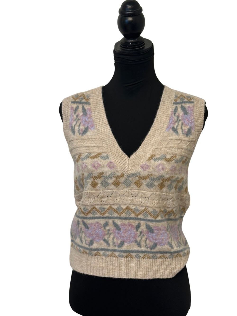 Lulus Floral Fair Isle Sweater Vest Women M Cream Cottagecore Boho Soft Knit - Picture 5 of 10